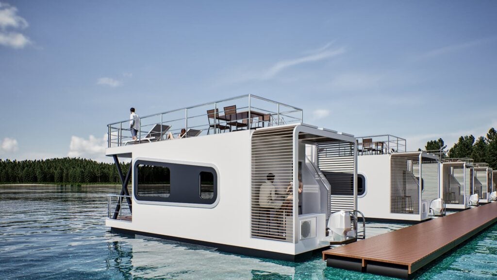 OMEGA 50 houseboat — detail view of the living module and deck